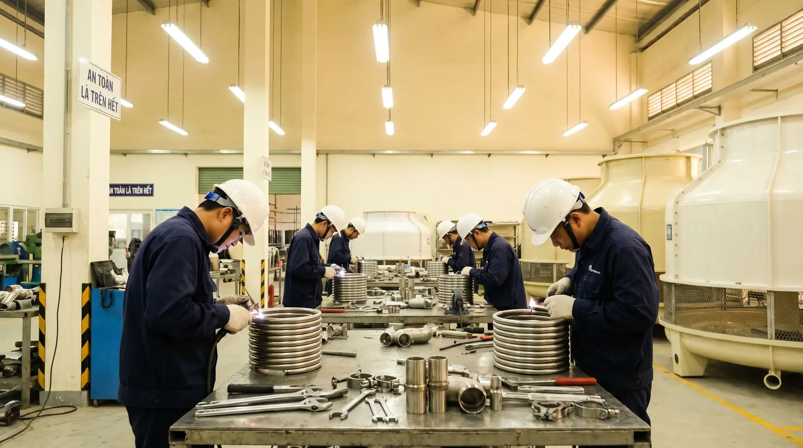 Workers welding stainless steel coils at COOLTEK's Hai Phong factory, with FRP cooling tower shells in the background