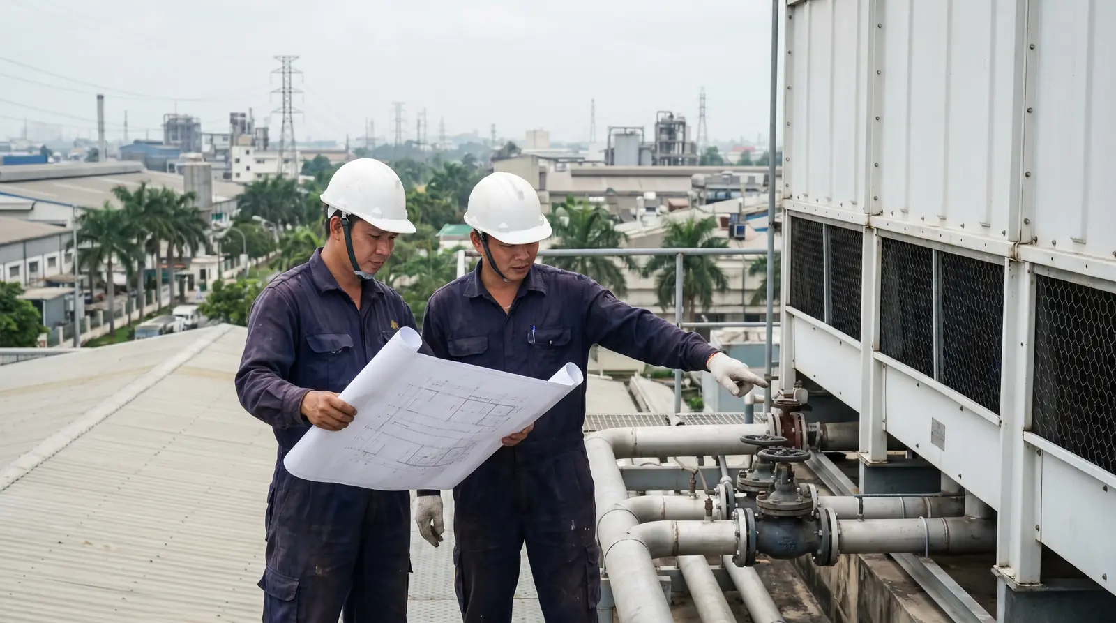 COOLTEK engineers reviewing drawings while inspecting cooling tower piping on a factory rooftop in Vietnam