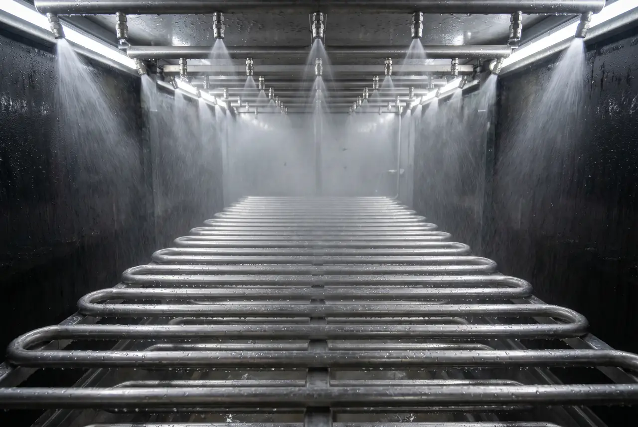 COOLTEK AWA closed-circuit cooling tower internal stainless-steel coil — spray water evaporates on the exterior while process fluid circulates in a sealed loop