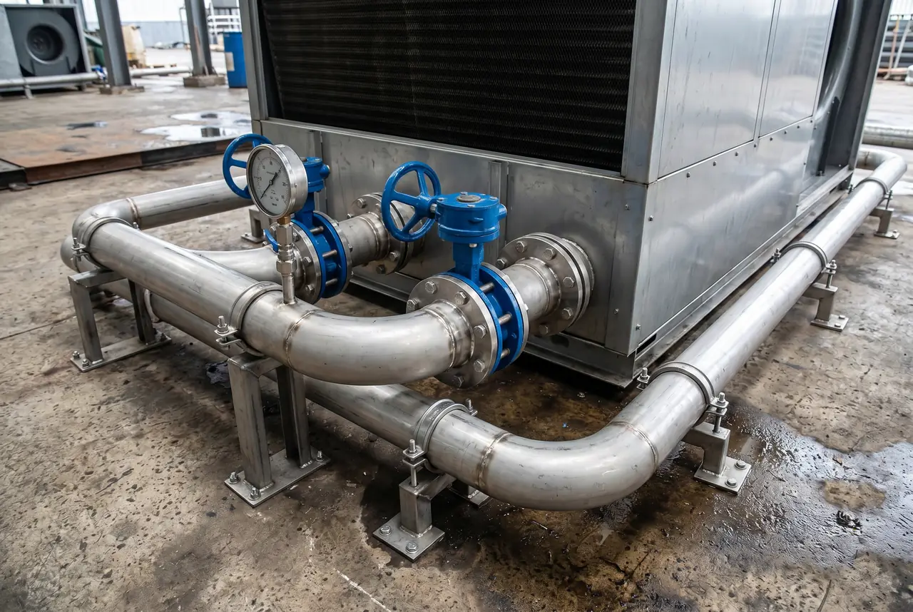 AWA closed-circuit cooling tower process-fluid connections — one unit replaces the open-tower-plus-plate-heat-exchanger system