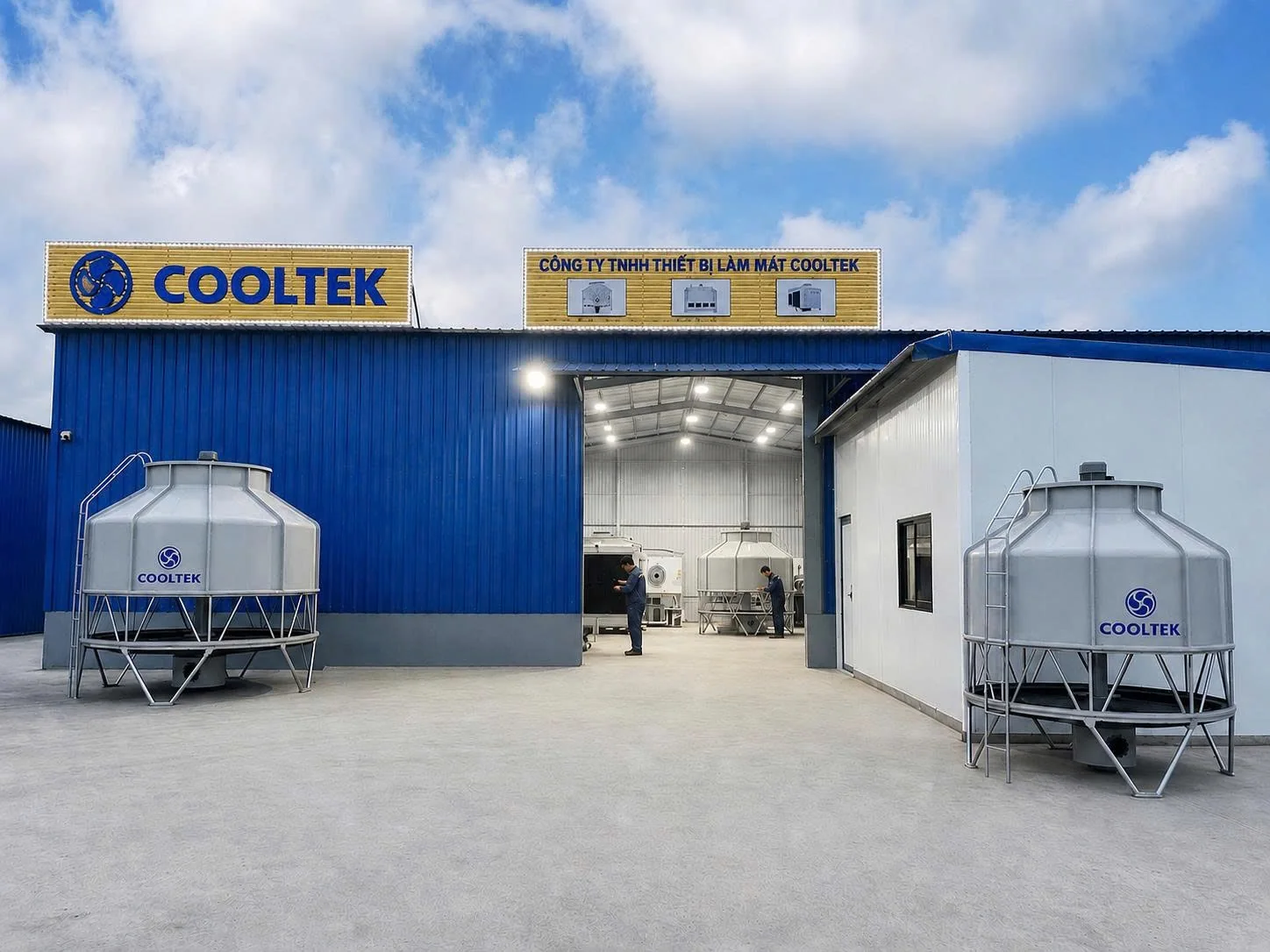 COOLTEK Hai Phong factory — cooling towers displayed at the production facility entrance