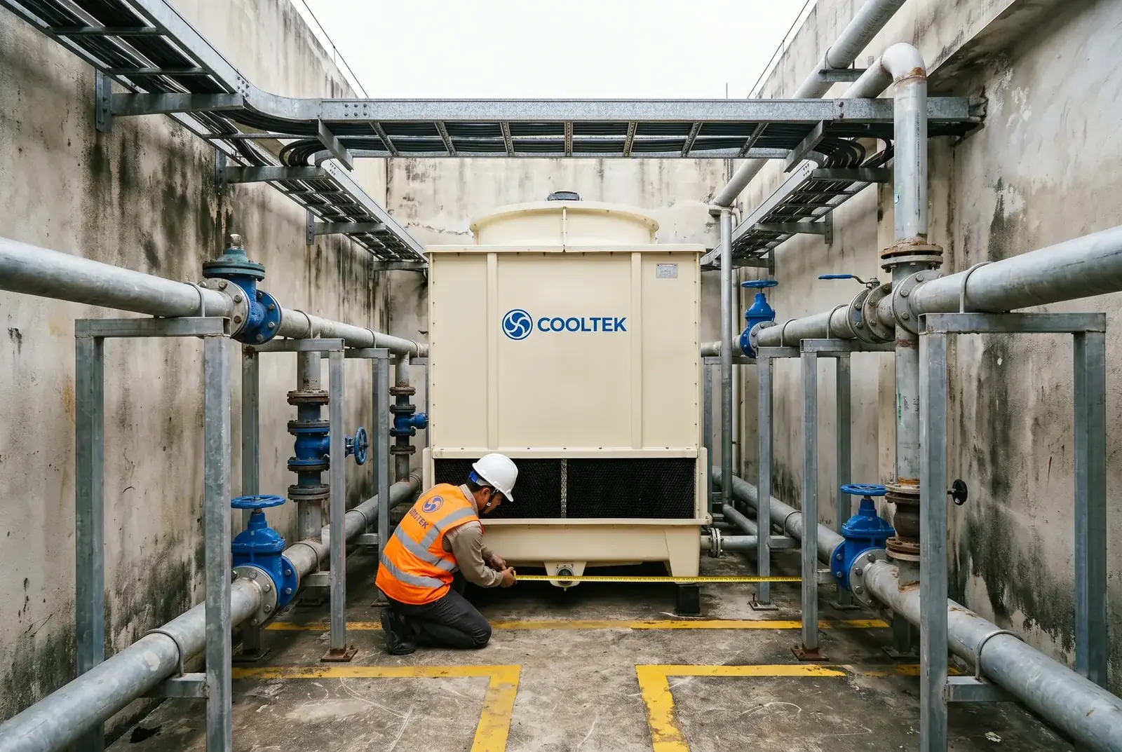 COOLTEK LHN square cooling tower installed in a confined rooftop space