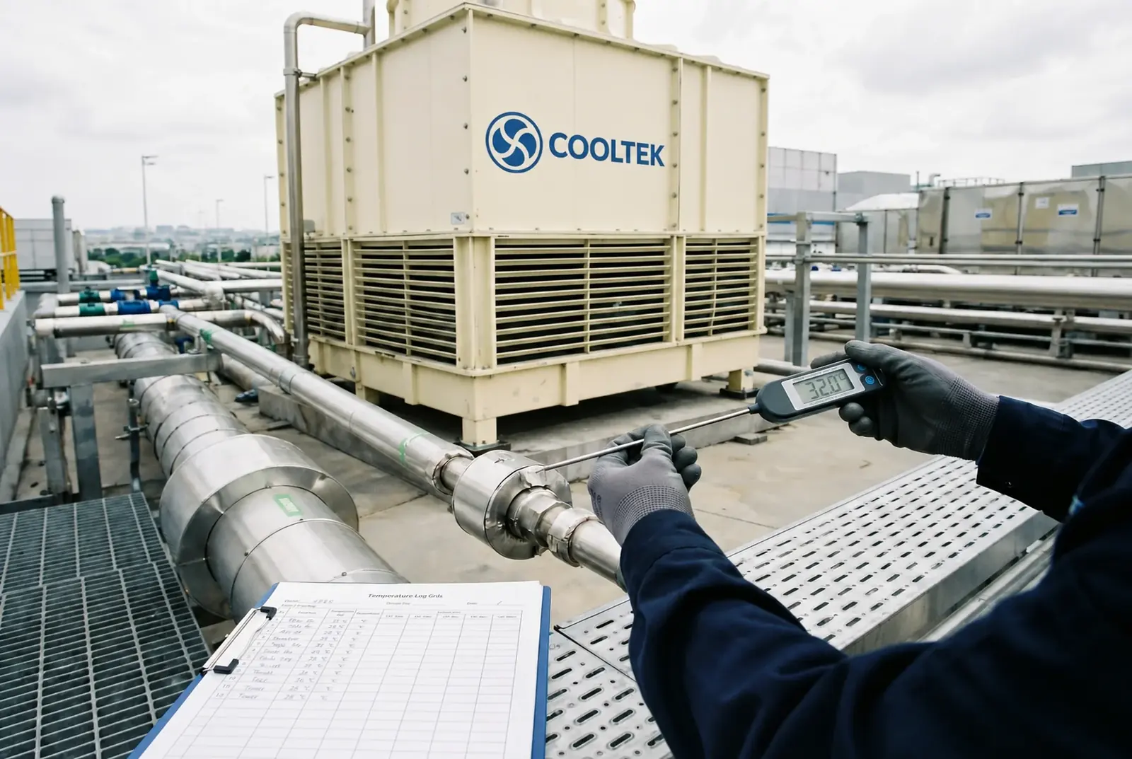 Technician measuring outlet water temperature at a COOLTEK LHN cooling tower