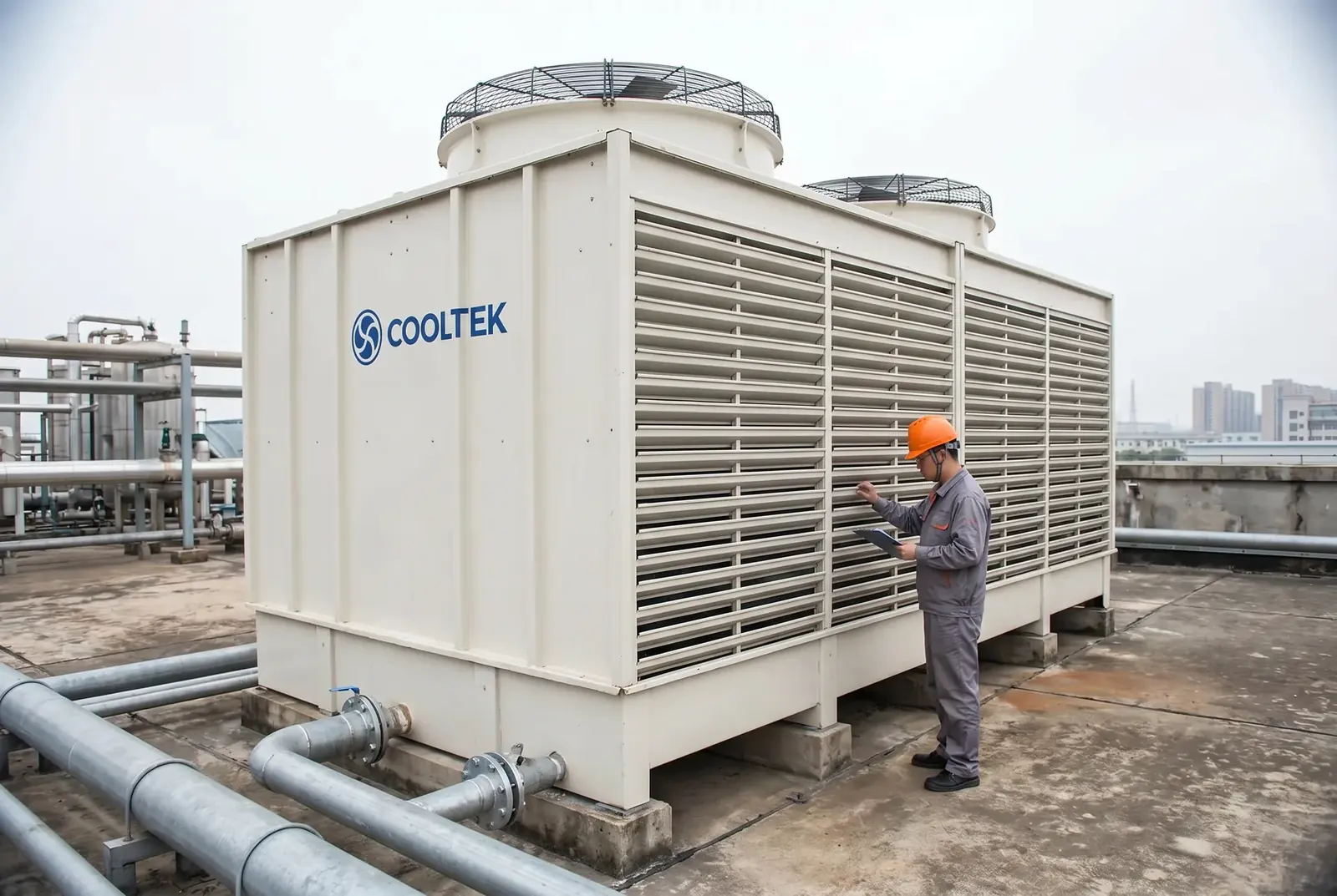 COOLTEK LHR Series crossflow gravity distribution structure, engineer inspecting top basin