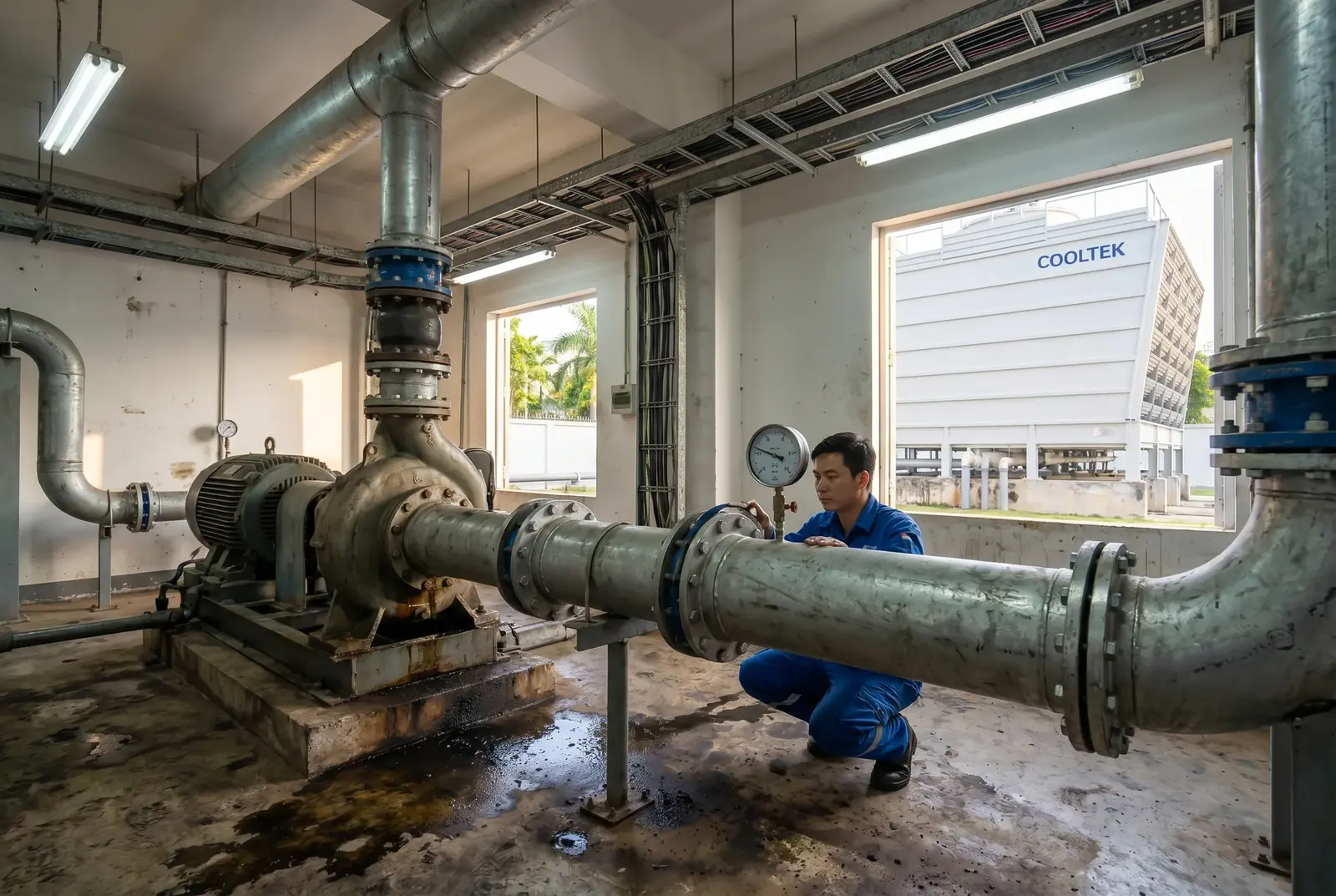 Factory pump room with low head-loss piping system, COOLTEK LHR tower visible through window
