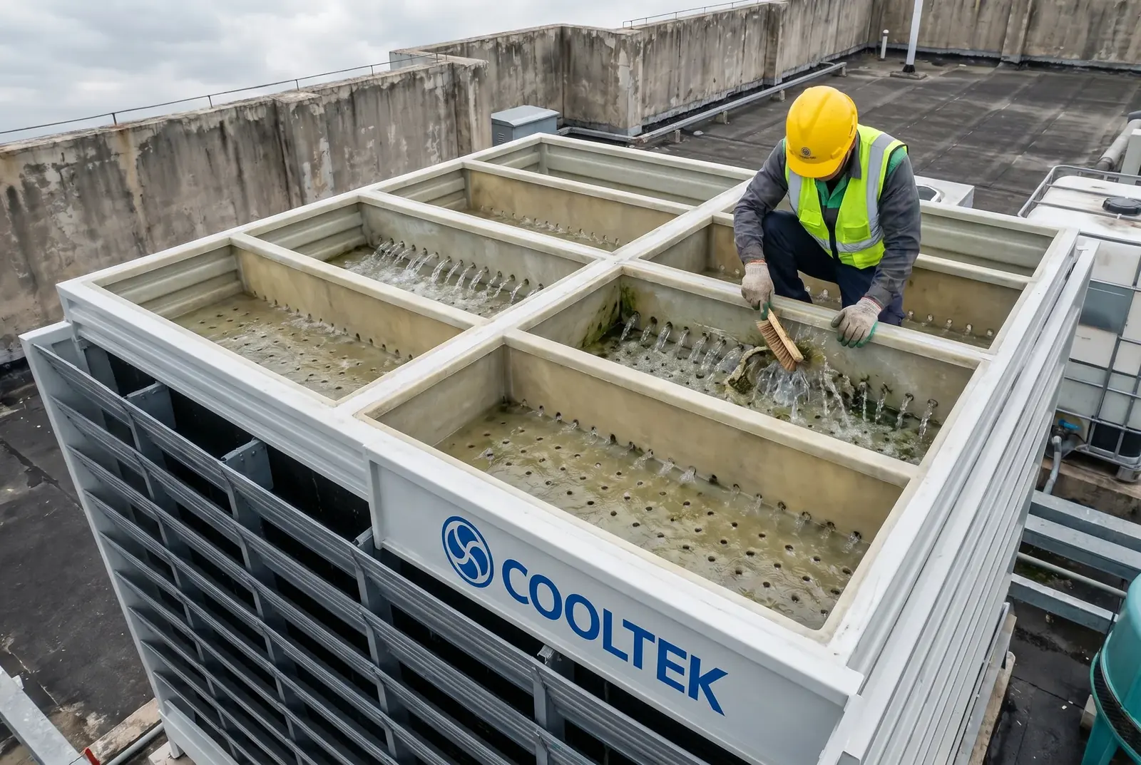 Maintenance technician cleaning COOLTEK LHR open top gravity basin while tower is running