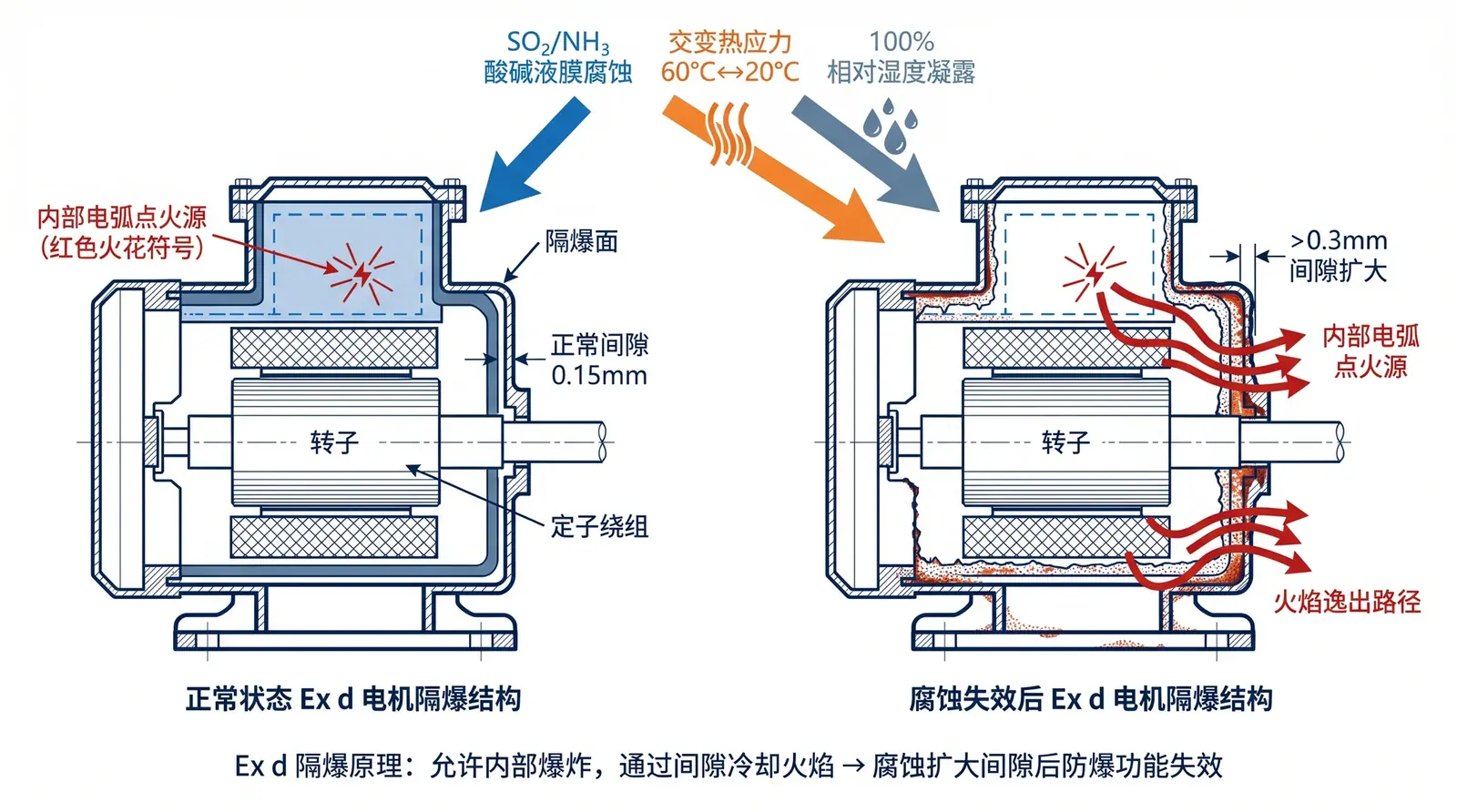 LHRD in explosion-proof areas: schematic of corrosive gas attack on Ex d flameproof surfaces