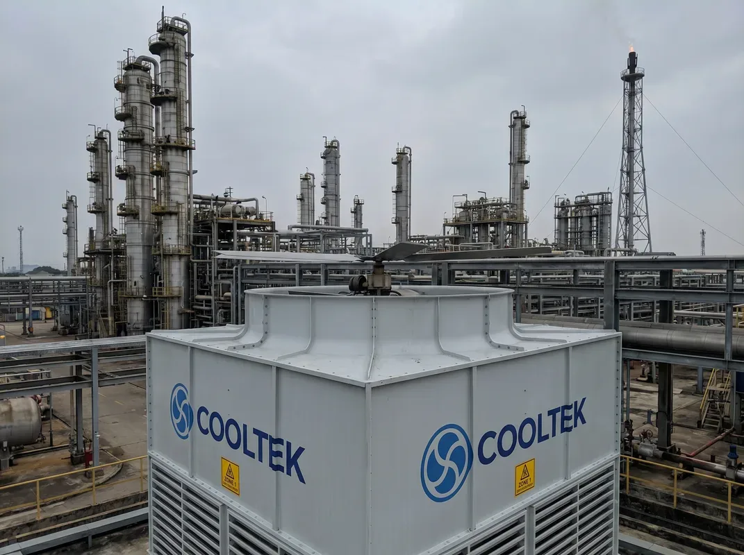 COOLTEK LHRD cooling tower installed in a Zone 1 hazardous area at a Vietnamese petrochemical plant — no motor, no cable on tower top
