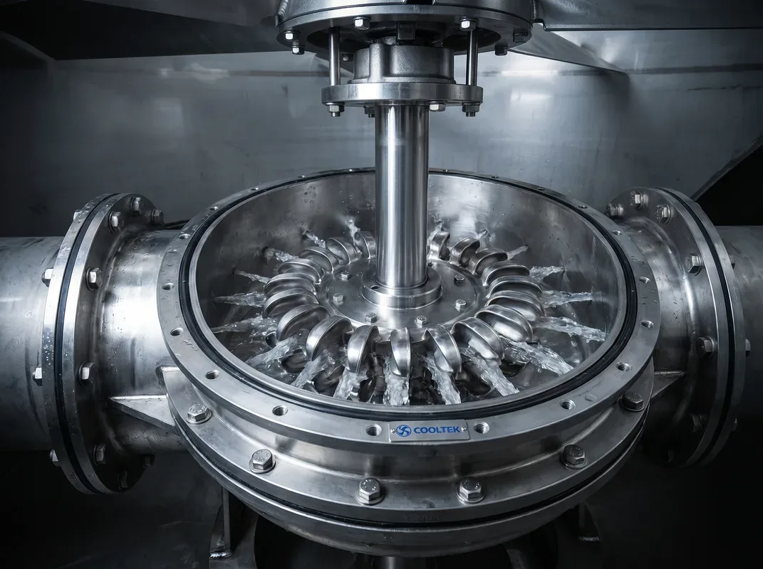 COOLTEK LHRD stainless steel hydraulic turbine impeller — fully submerged, self-cooled, no electrical maintenance