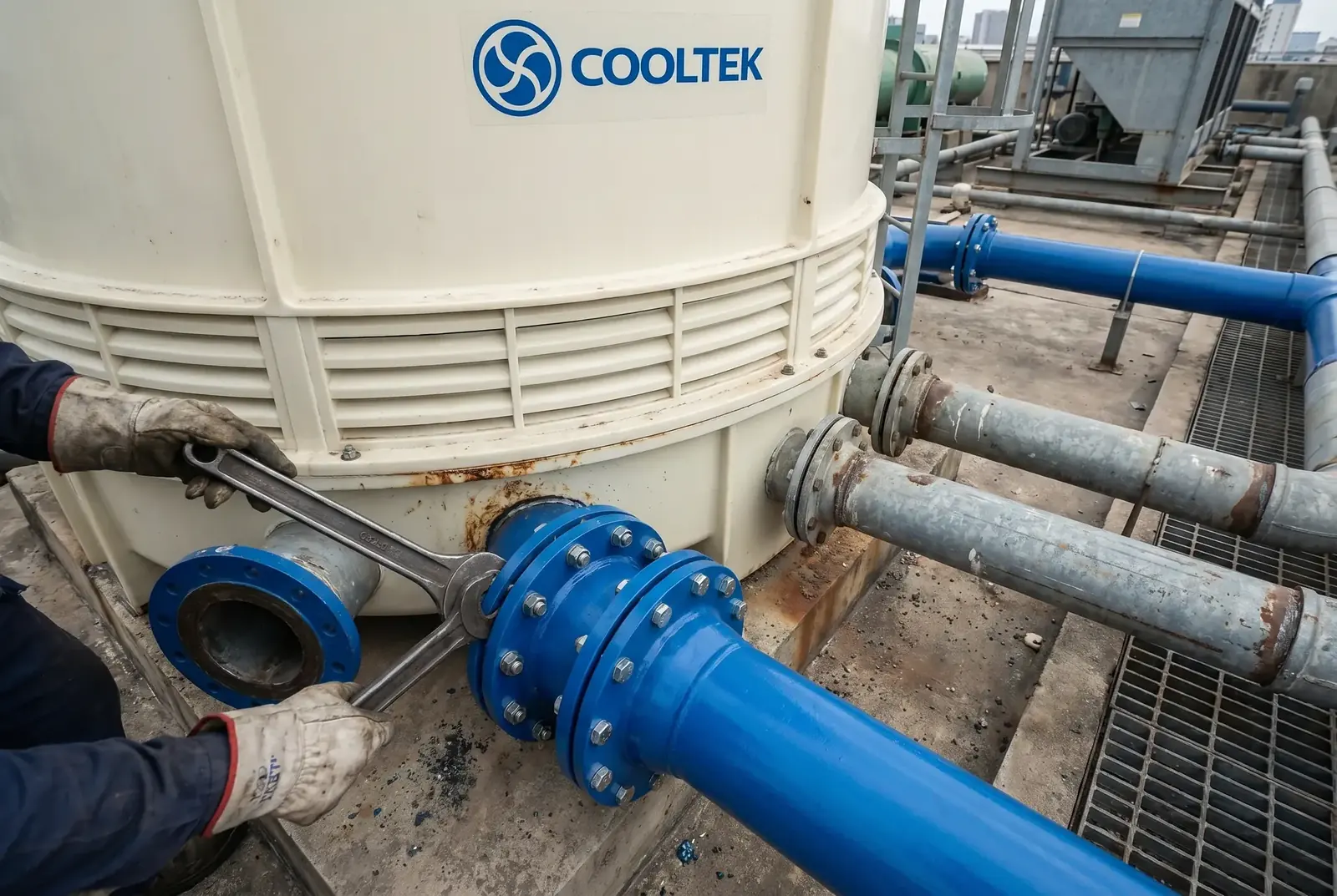 Connecting existing pipes directly to the LH cooling tower flanges