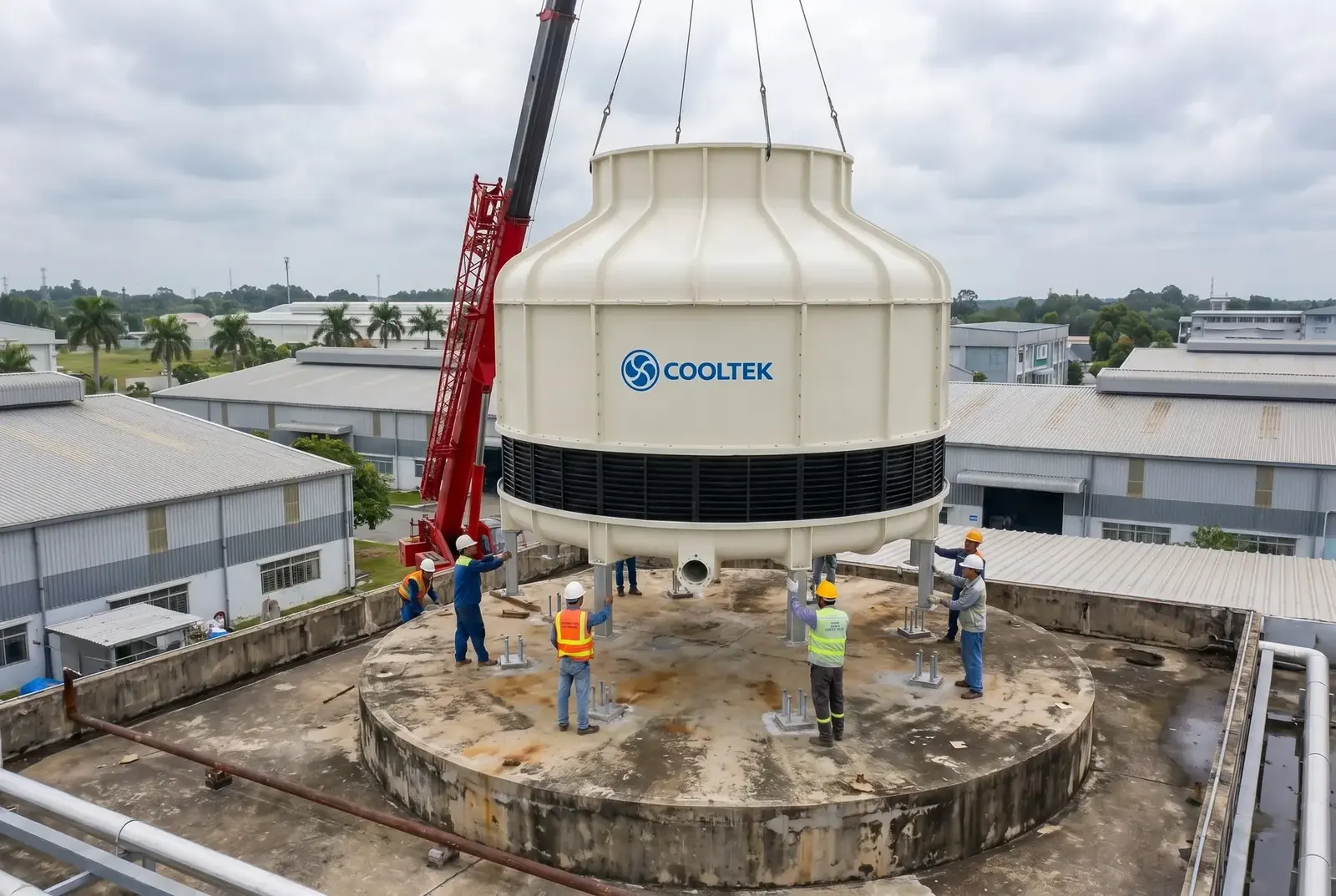Craning the LH cooling tower onto an existing concrete foundation